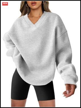 Oversized V Neck Sweatshirt Fleece Long Sleeve Hoodie Pullover Comfy Top